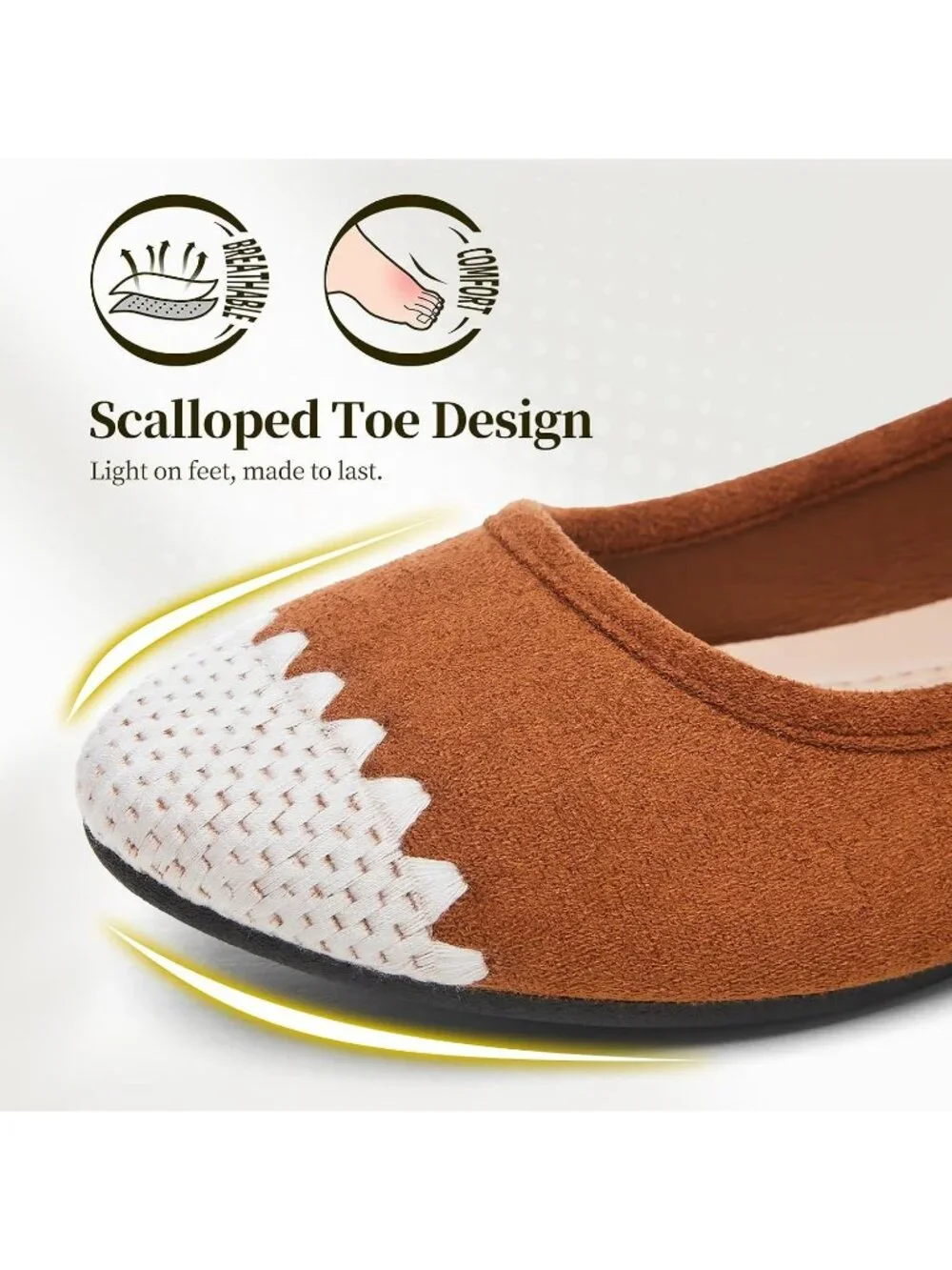 Women's Brown Scalloped PU Leather Comfortable Ballet Flats Slip on Casual Shoes